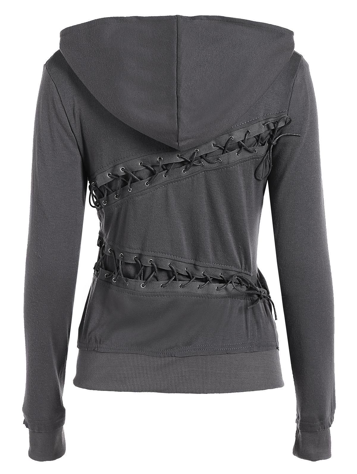 

Trendy Hooded Long Sleeve Lace-Up Solid Color Women' Hoodie, Gray