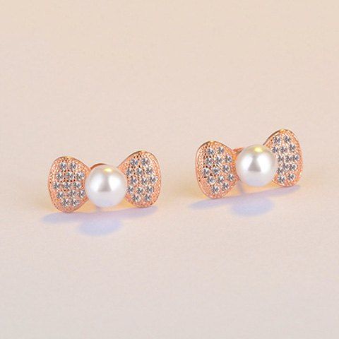 2018 Rhinestone Bowknot Fake Pearl Stud Earrings In Golden Rosegal Rhinestone Bowknot Fake Pearl Stud Earrings