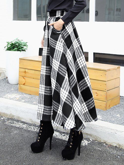 

High Waist Maxi Plaid Wool Skirt, White