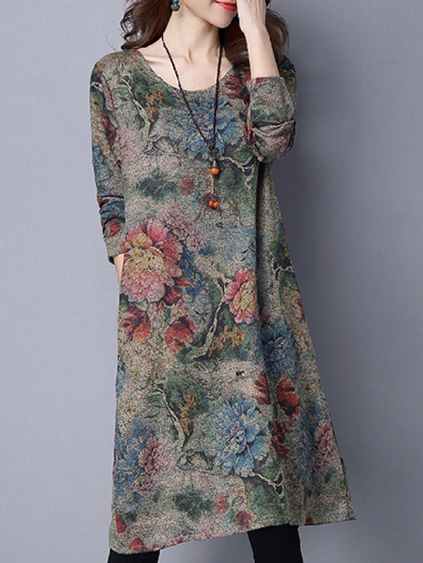 

Flowers Print Pockets Design Dress, Colormix