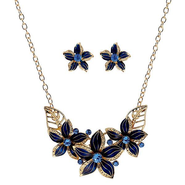 

Rhinestone Flower Necklace and Earrings, Blue