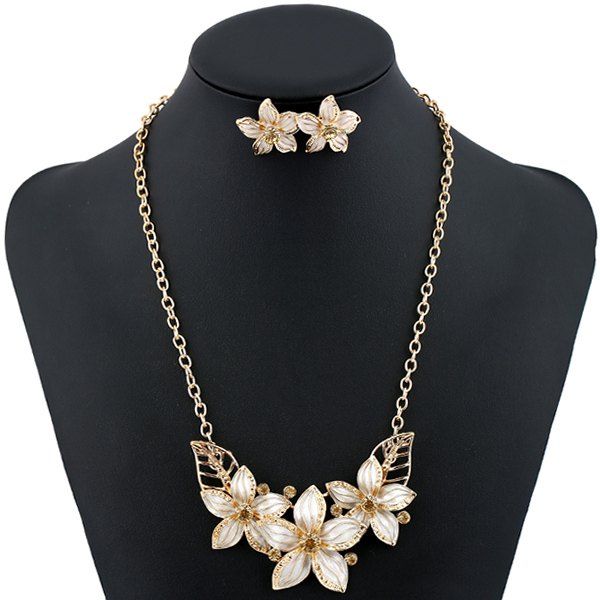 

Rhinestone Flower Necklace and Earrings, White