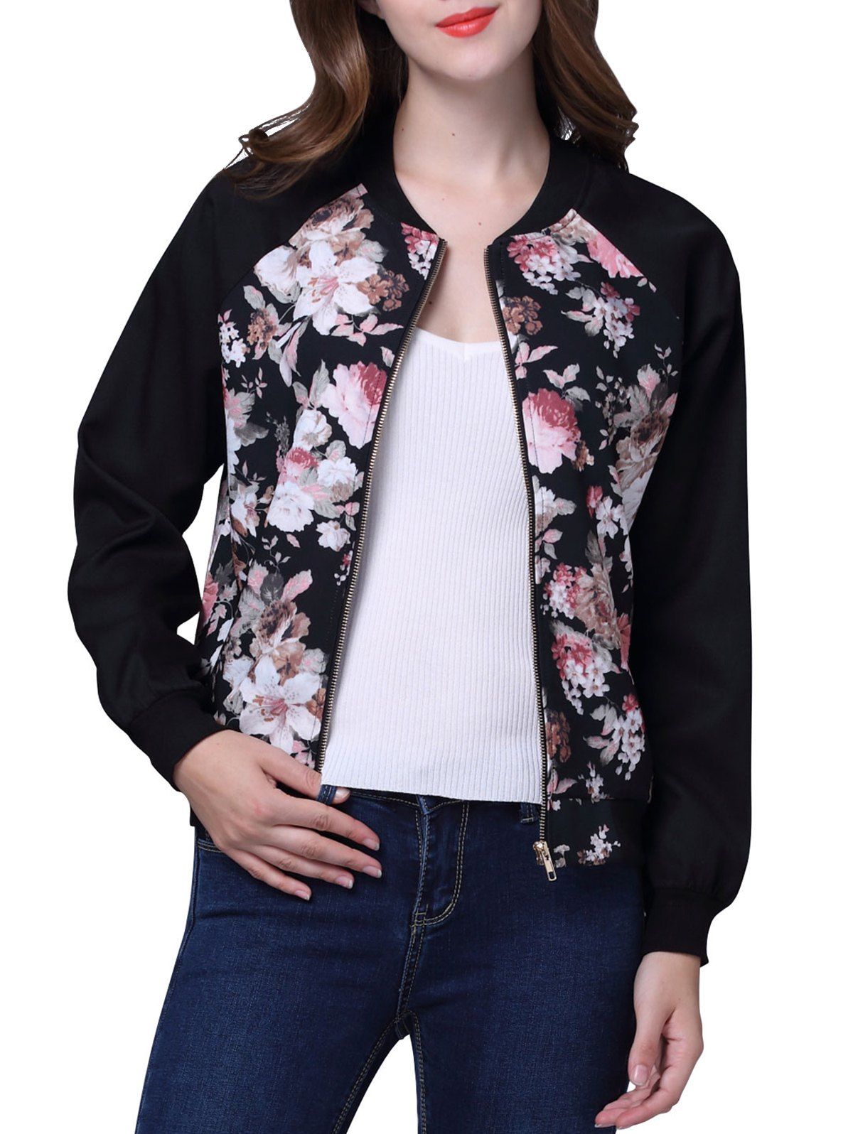 [38% OFF] Stand Collar Flower Jacket | Rosegal