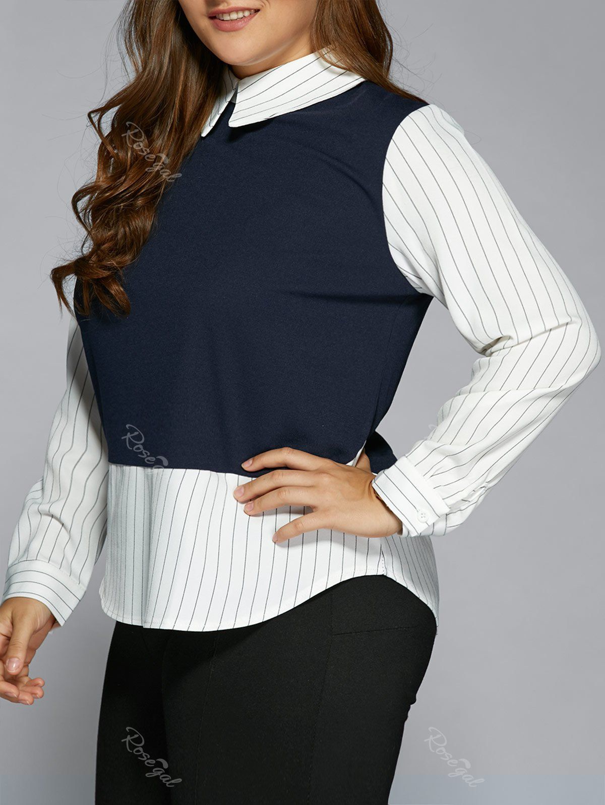 

Plus Size Stripe Color Block Faux Twinset Shirt, Purplish blue