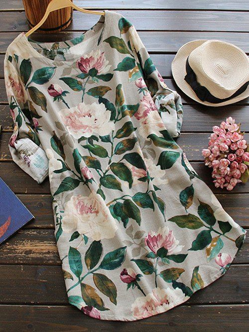

Round Neck Long Sleeve Floral Linen Blouse Dress
