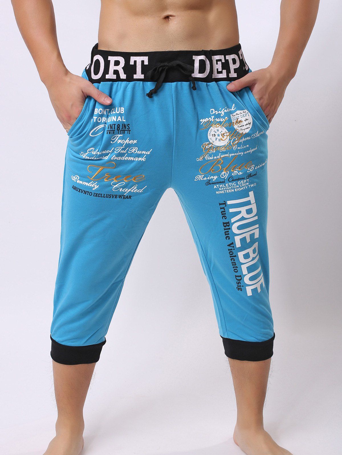 

Lace-Up Color Block Spliced Letters Print Beam Feet Cropped Jogger Shorts, Blue