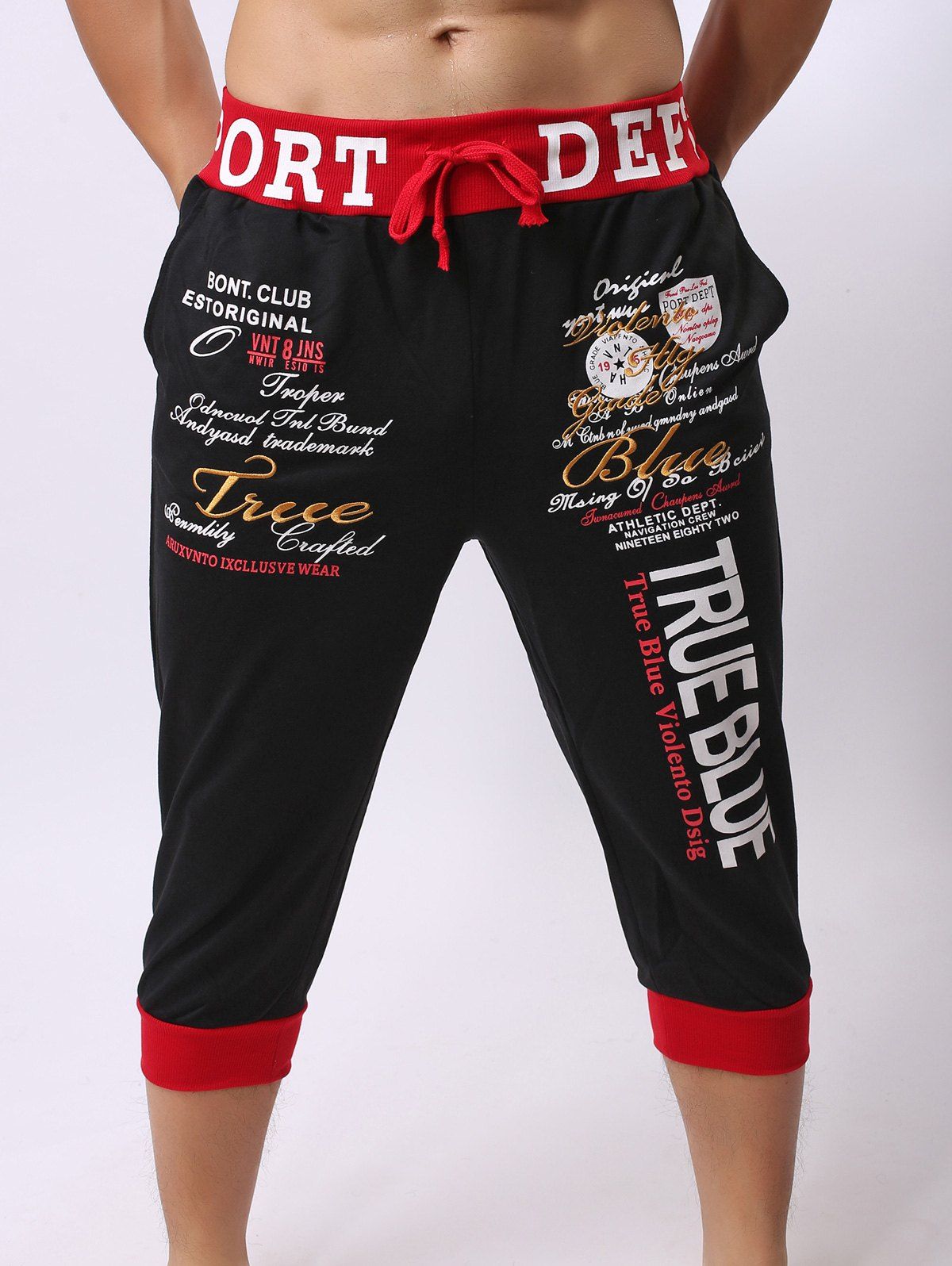 

Lace-Up Color Block Spliced Letters Print Beam Feet Cropped Jogger Shorts, Red with black