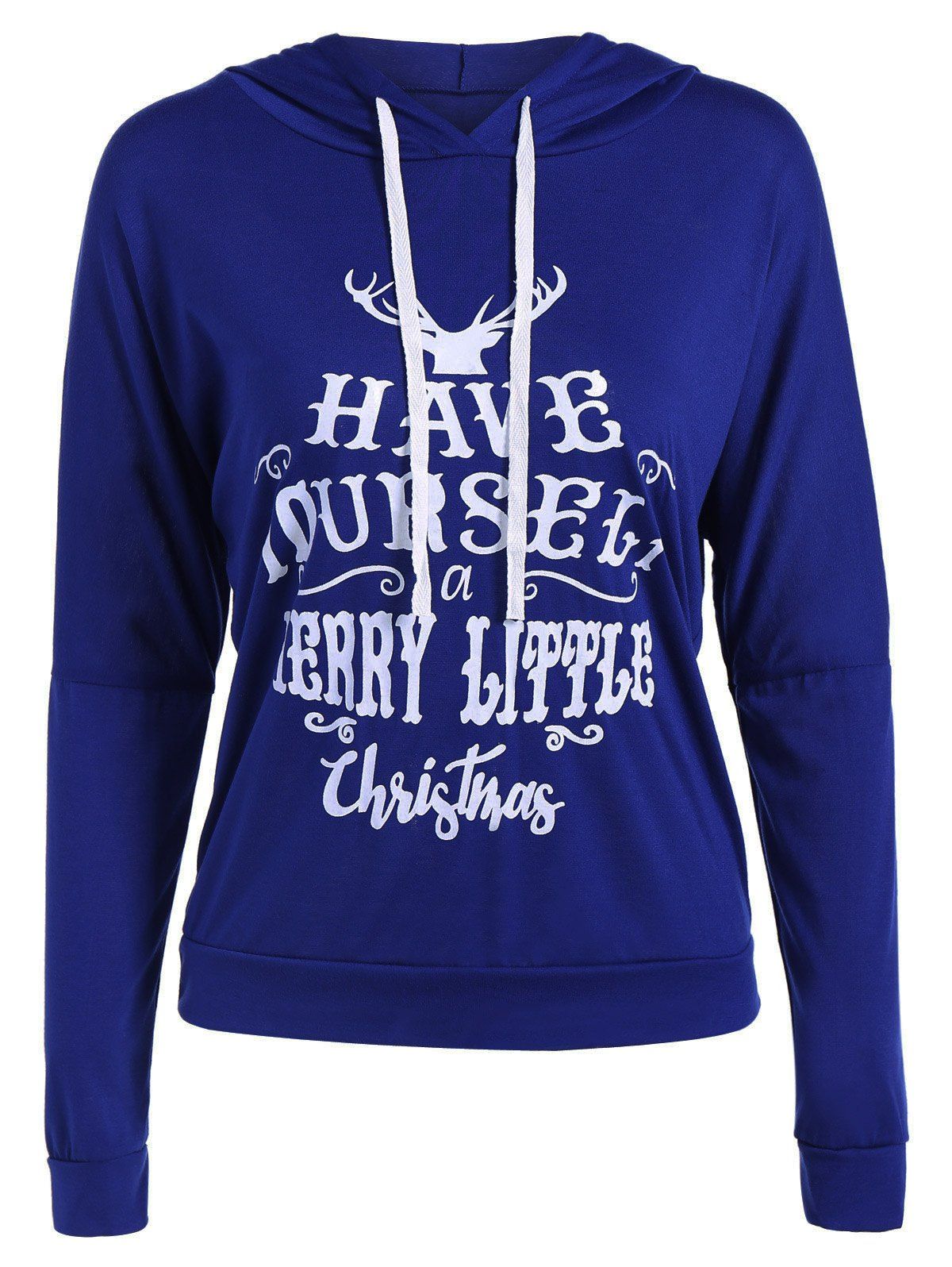 

Letter Printed Drawstring Hoodie, Deep blue