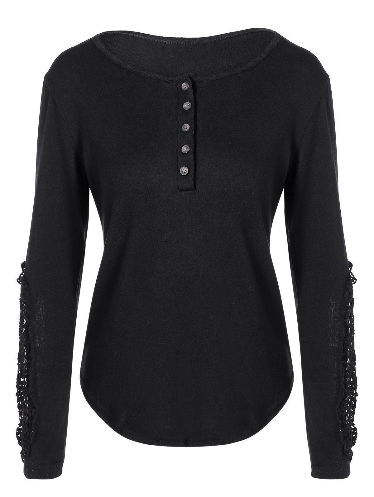 

Concise Openwork Lace Buttons T-Shirt, Black