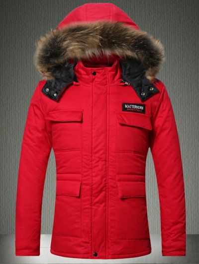 

Furry Hood Applique Pockets Zip-Up Padded Coat, Red