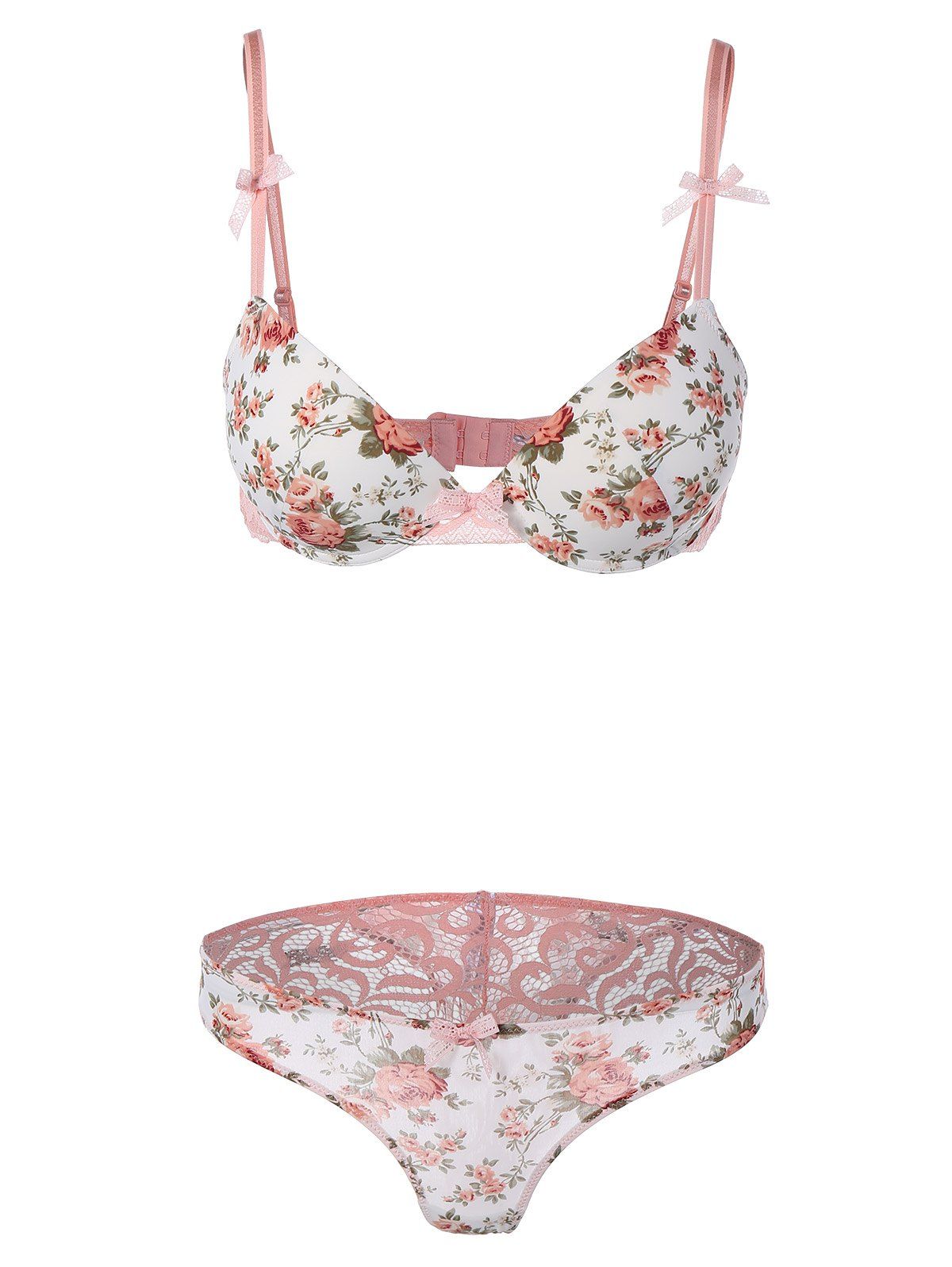 [19 OFF] Lace Panel Floral Bra And Panty Set Rosegal