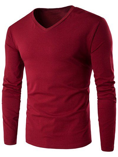 

V Neck Long Sleeve Plain T Shirt, Wine red