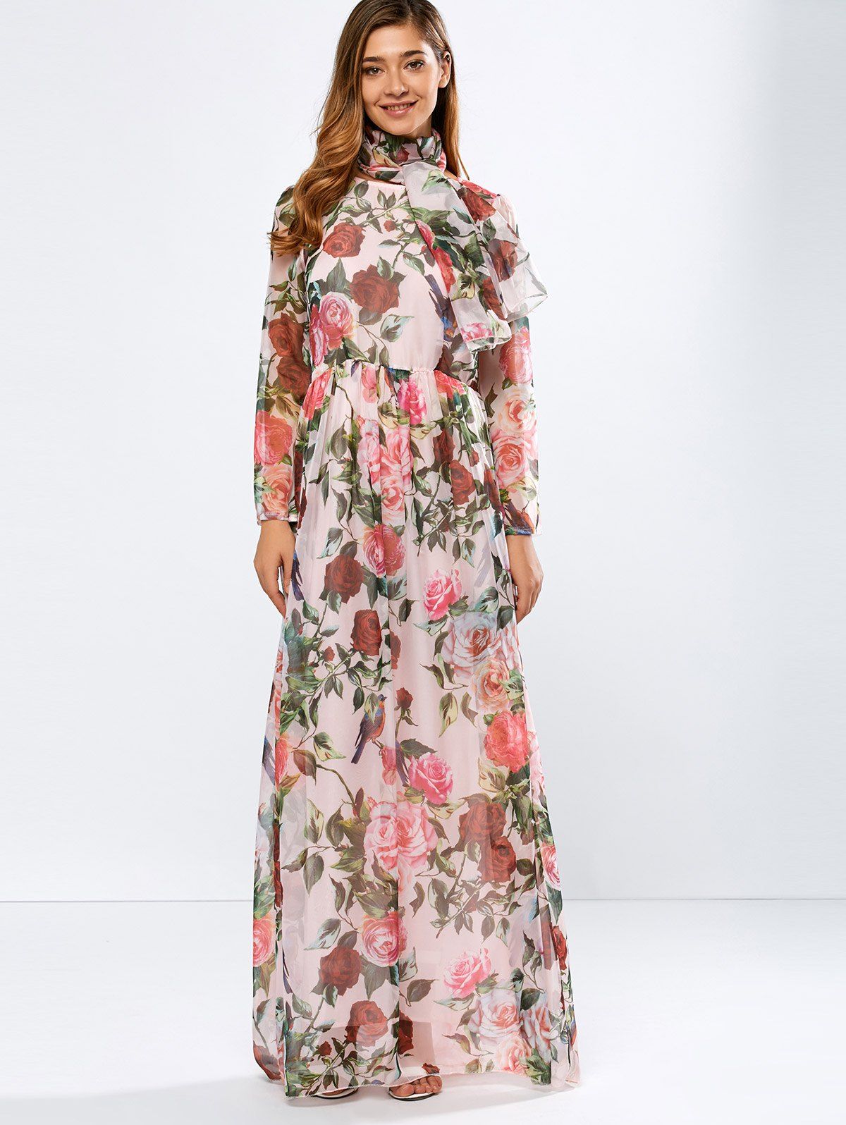 Shops Vintage Chiffon Long Sleeve Floral Print Floor Length Maxi Prom Dress  
