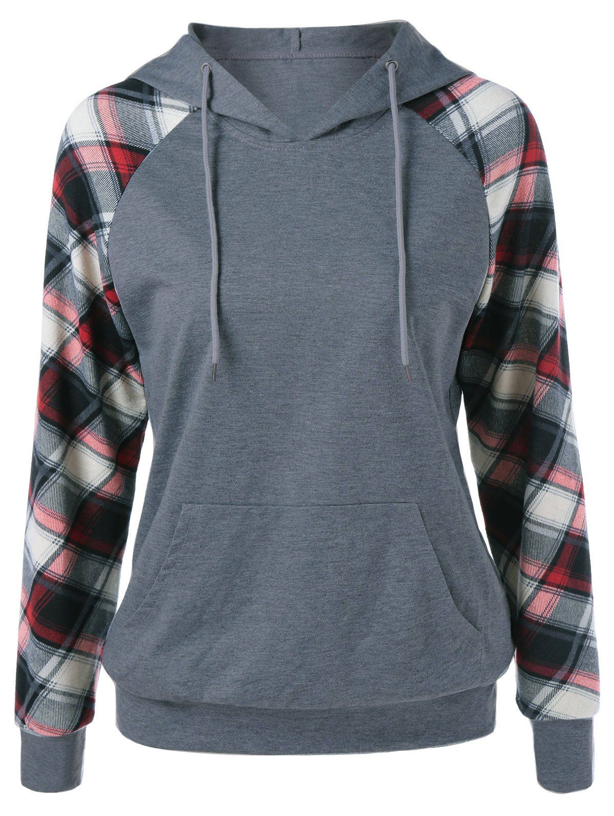 

Plaid Trim Single Pocket Hoodie, Gray