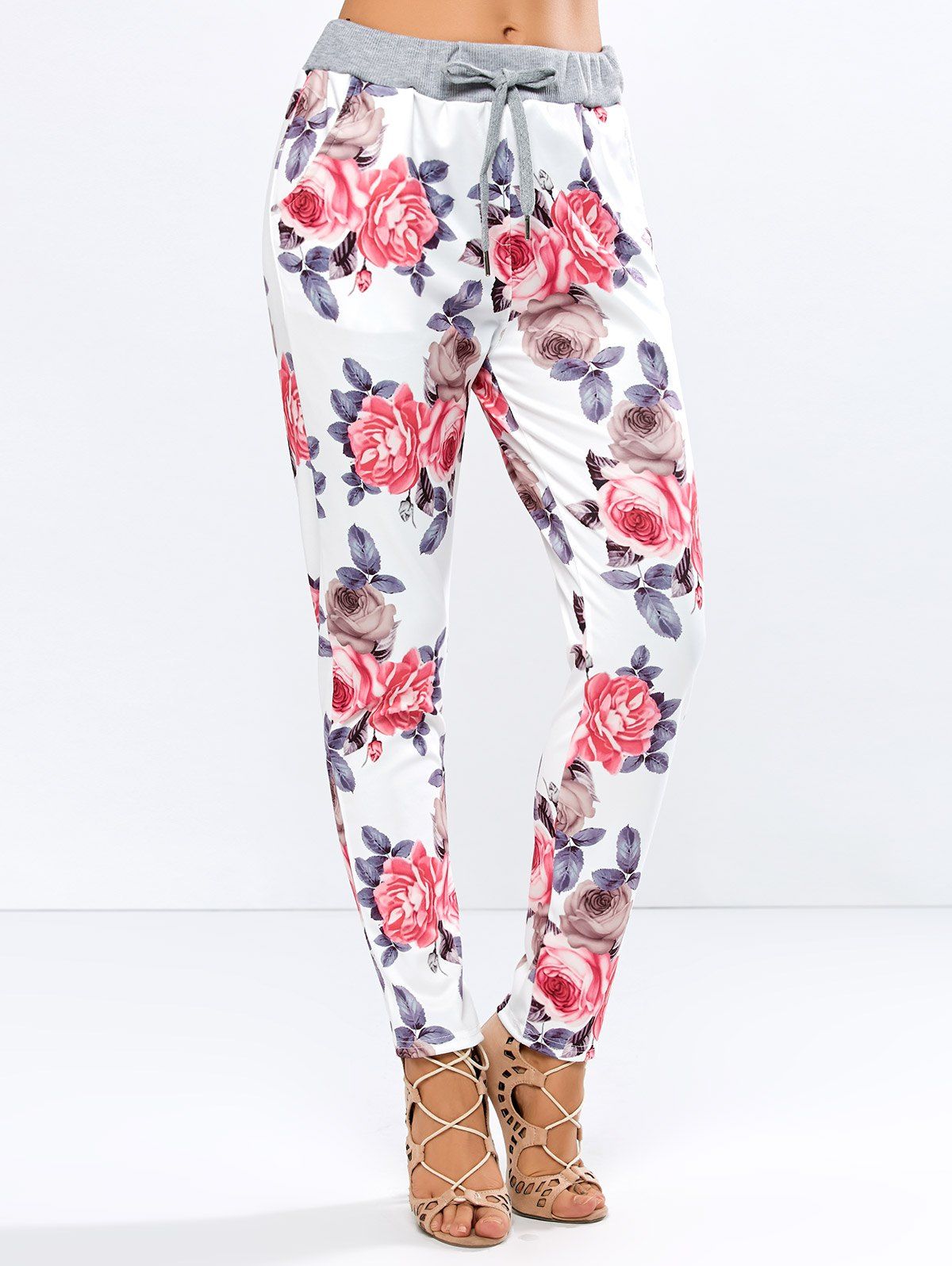[26 OFF] Drawstring Floral Casual Ankle Length Pants Rosegal