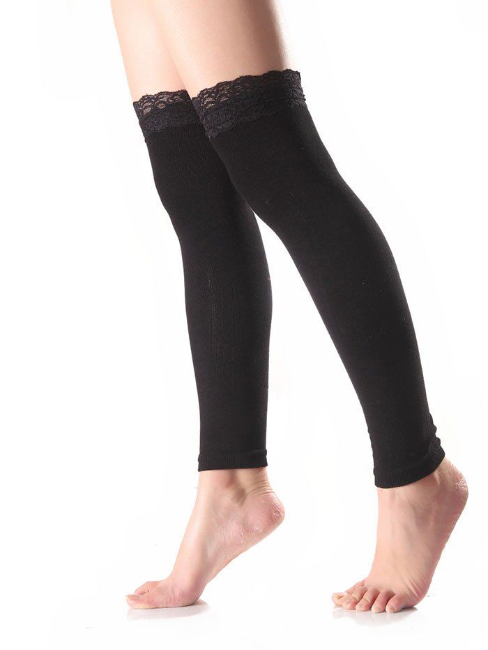 Warm Lace Edge Embellished Leg Warmers, Black