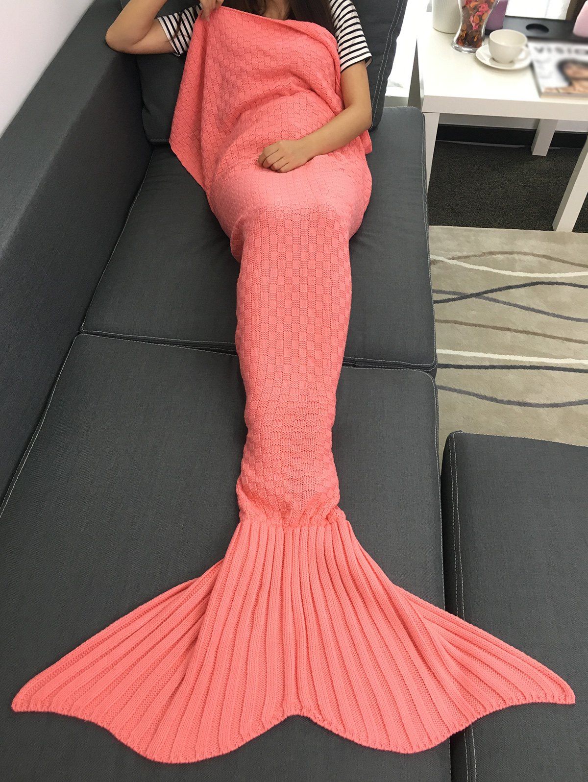 Fancy Super Soft Plaid Knitted Sleeping Bag Mermaid Tail Blanket  