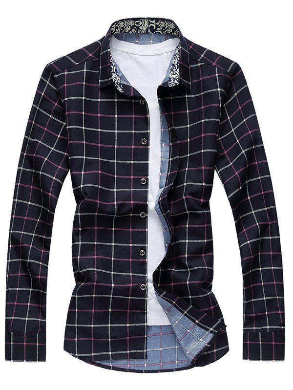 

Retro Printed Collar Long Sleeve Grid Shirt, Red
