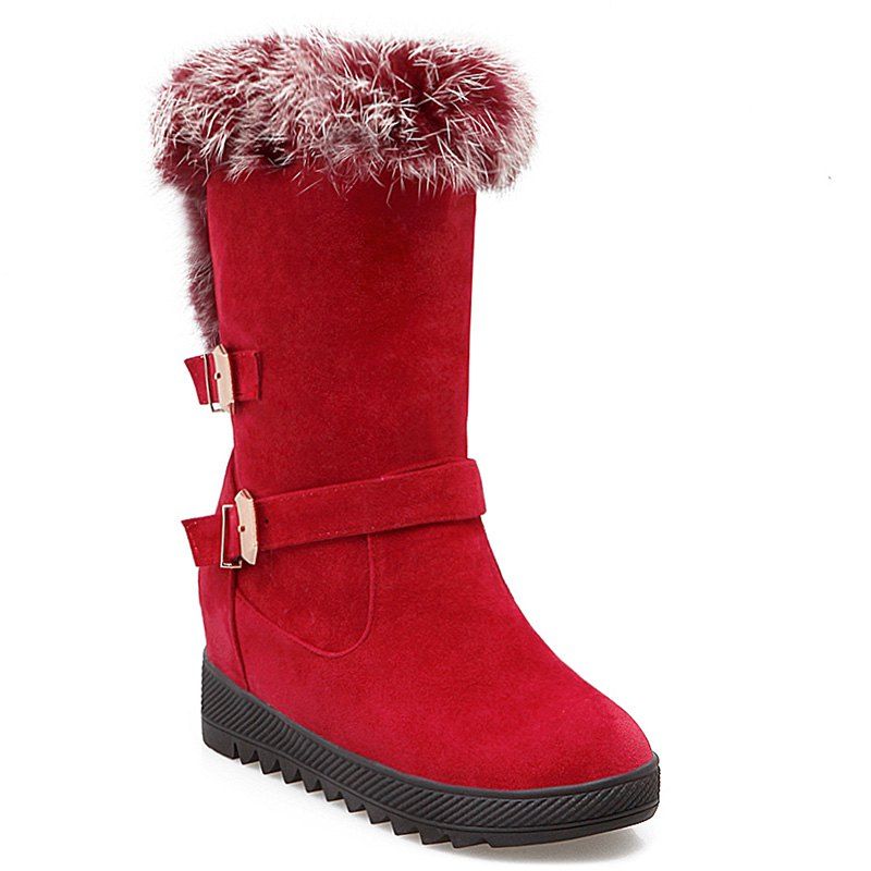 

Buckles Faux Fur Hidden Wedge Snow Boots, Red