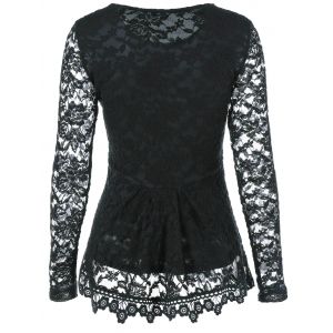 Black Xl Sheer Sleeve Lace Peplum Blouse | RoseGal.com