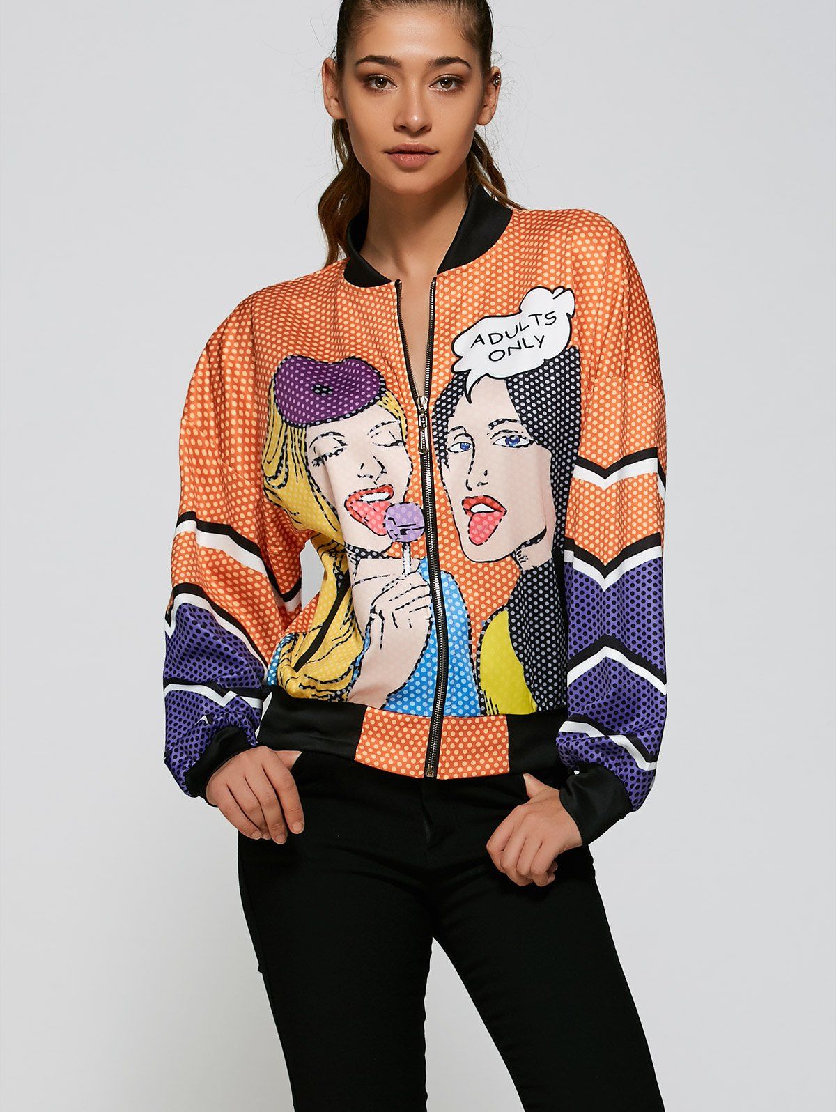 

Printed Loose Bomber Jacket, Orange