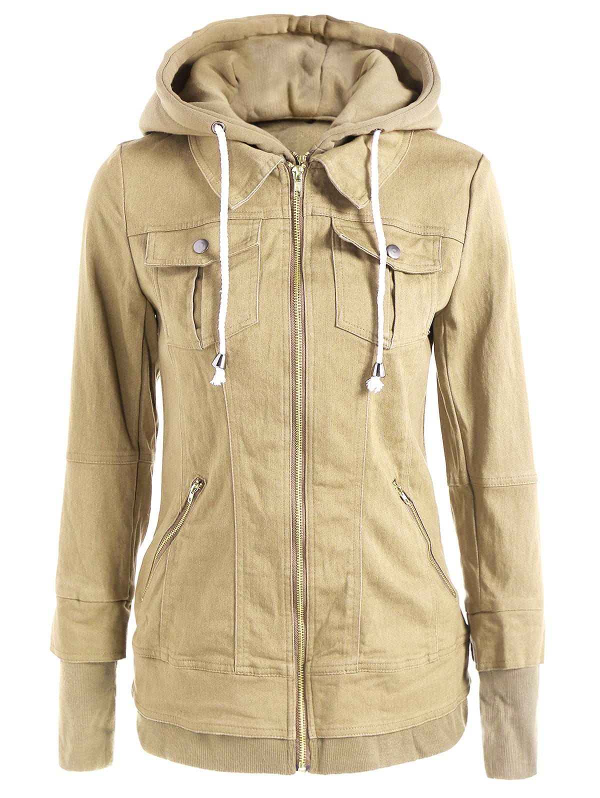 

Trendy Hooded Long Sleeve Faux Twinset Pocket Design Women's Jacket, Beige