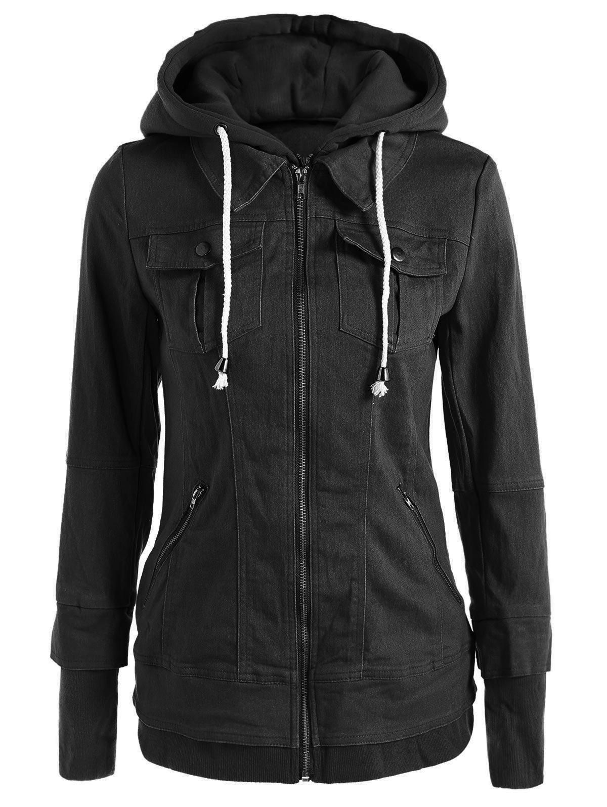 

Trendy Hooded Long Sleeve Faux Twinset Pocket Design Women' Jacket, Black