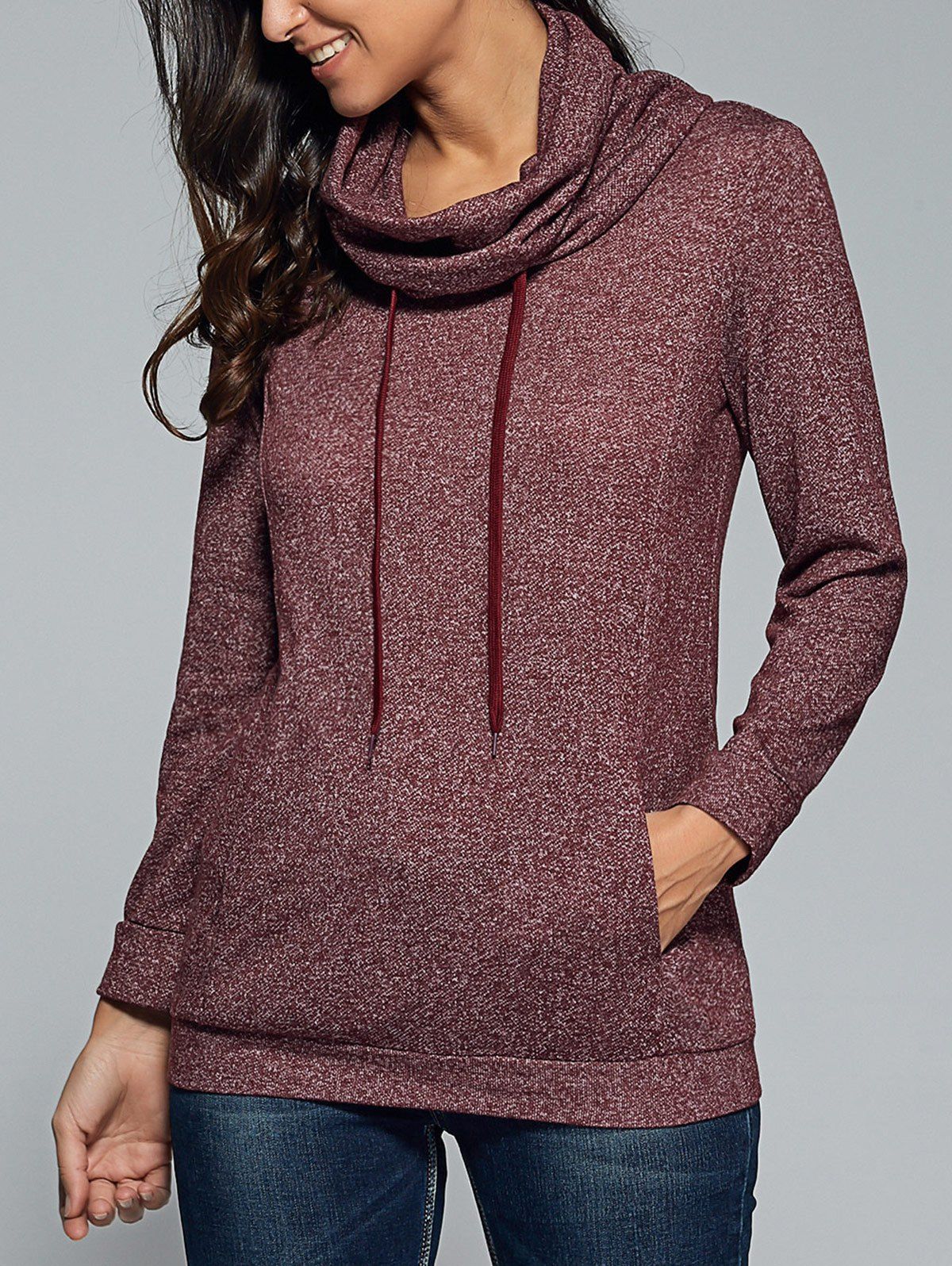 

Cowl Neck Heather Drawstring Sweatshirt, Brick-red