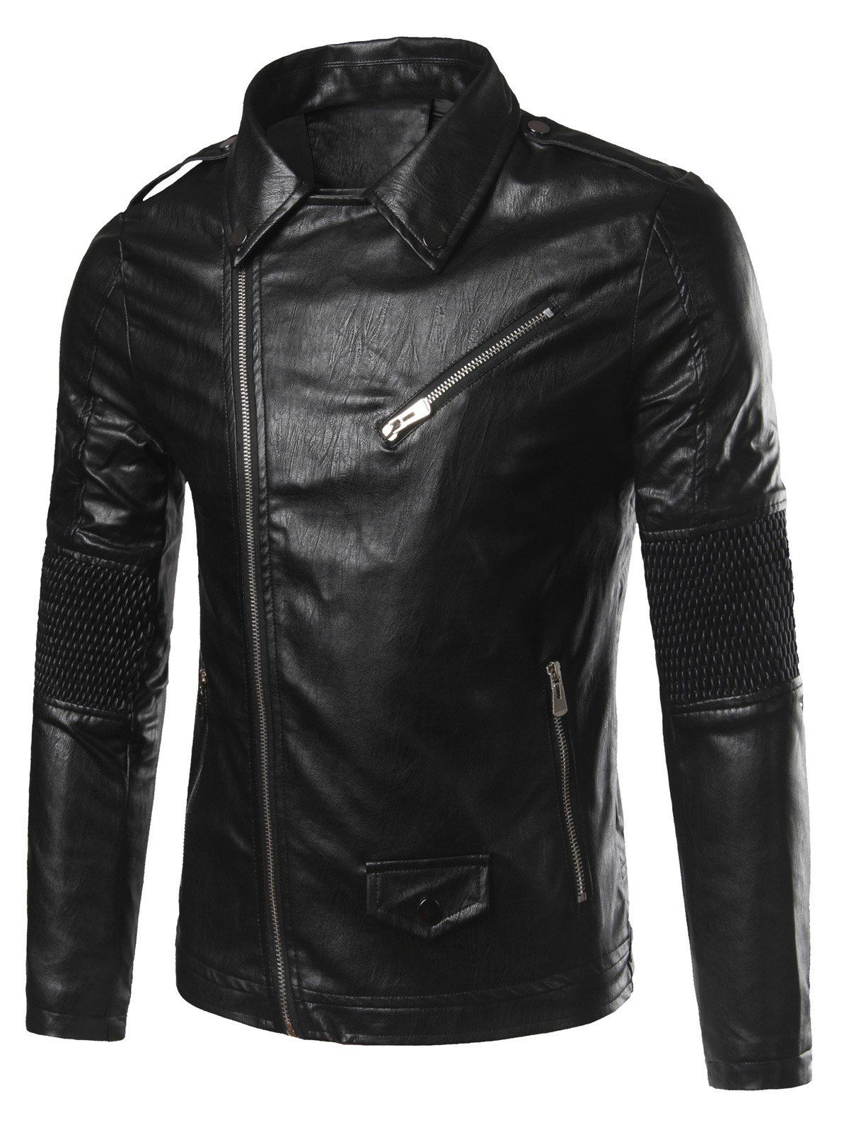 

Pocket Embellished Zip-Up Plus Size Faux Leather Jacket, Black
