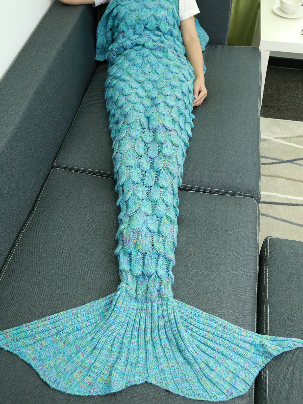 

Warmth Hollow Out Design Knitted Mermaid Tail Blanket, Lake blue