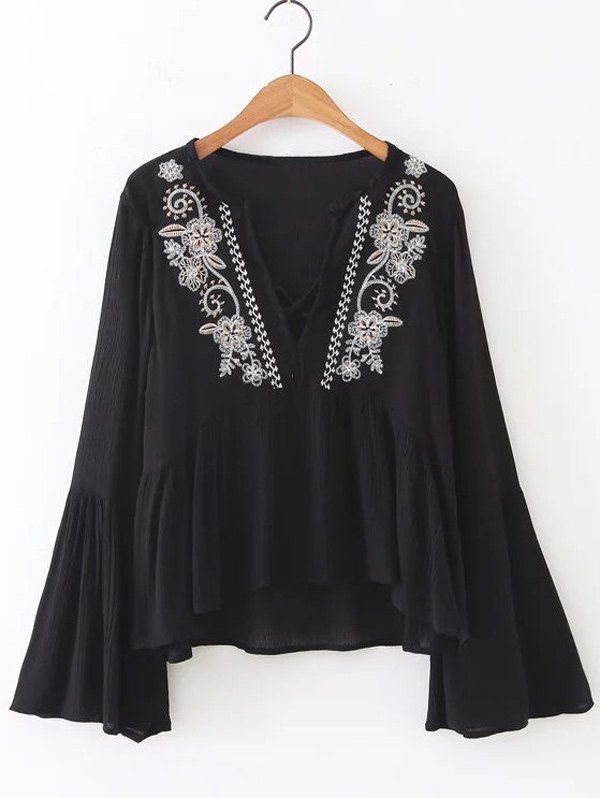 [15% OFF] Flower Embroidered Bell Sleeves Asymmetric Blouse | Rosegal