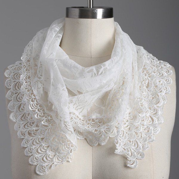 

Travel Openwork Wave Cut Edge Trim Lace Triangle Scarf, White