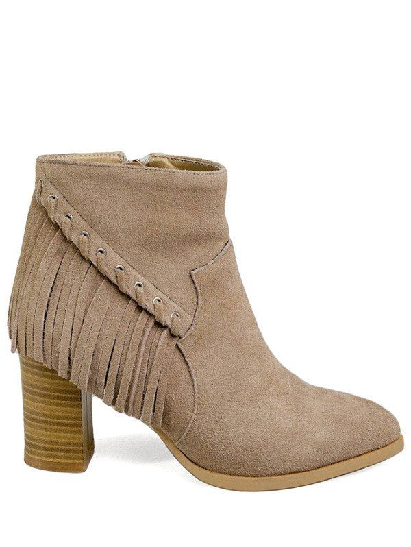 [35% OFF] Fringe Pointed Toe Chunky Heel Boots | Rosegal