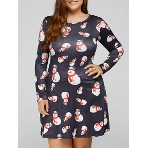 

Christmas Snowman Print Long Sleeves Ugly Swing Dress, Black