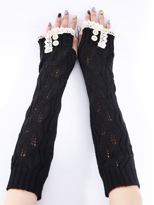

Christmas Winter Lace Buttons Hollow Out Crochet Knit Arm Warmers, Black