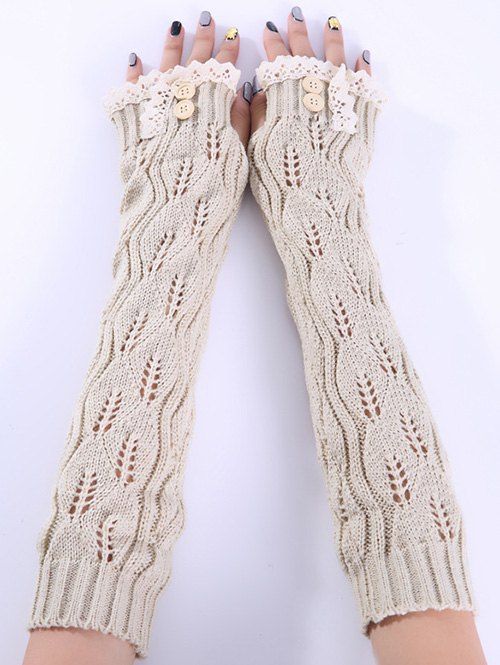

Christmas Winter Lace Buttons Hollow Out Crochet Knit Arm Warmers, Beige