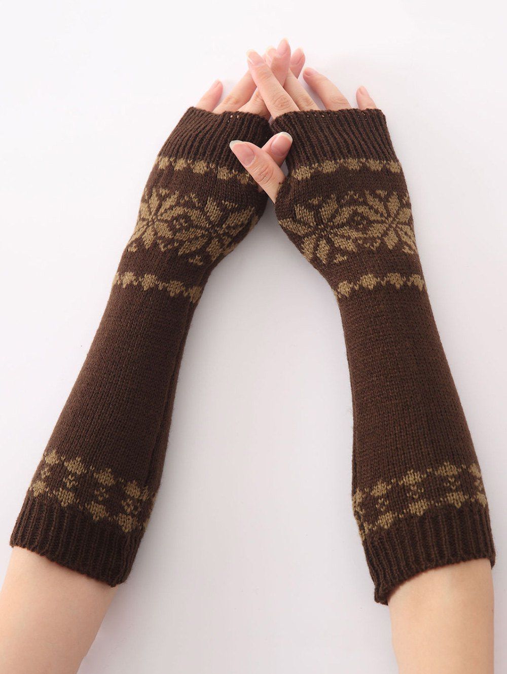

Winter Warm Christmas Snow Floral Crochet Knit Arm Warmers, Coffee