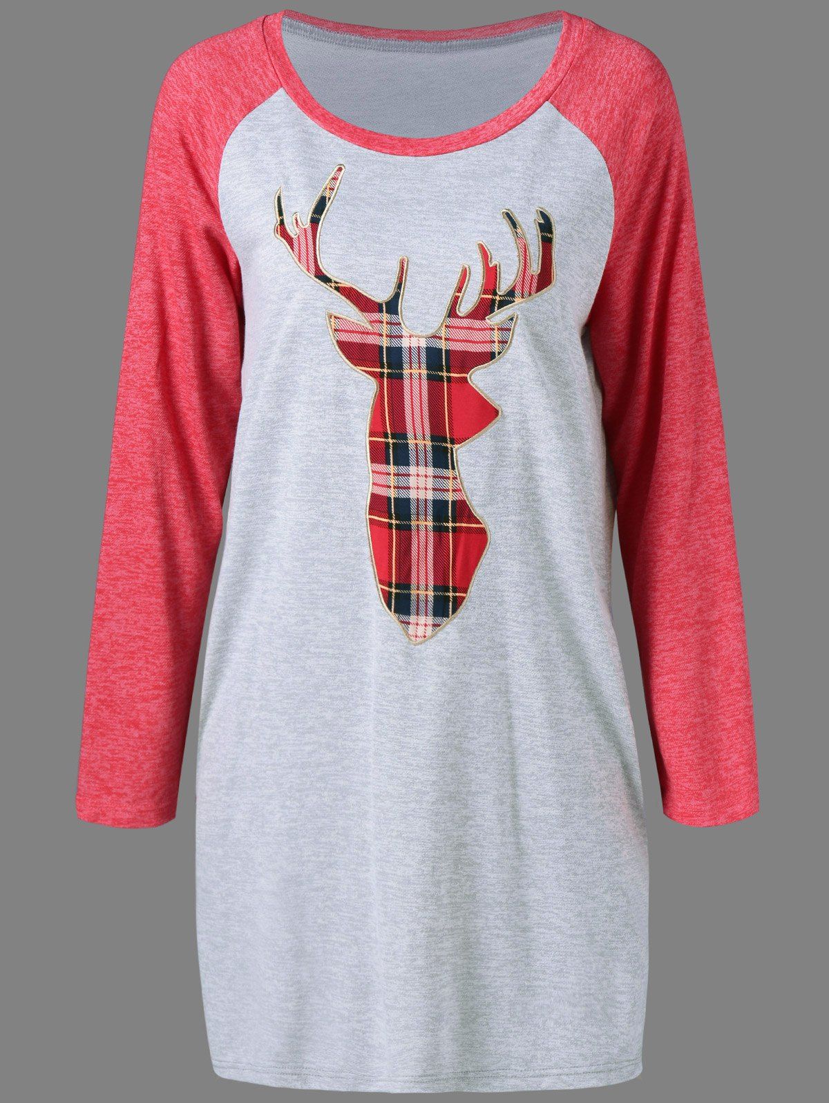 

Christmas Plaid Elk Pattern Long Sleeve Shift Dress, Gray and red