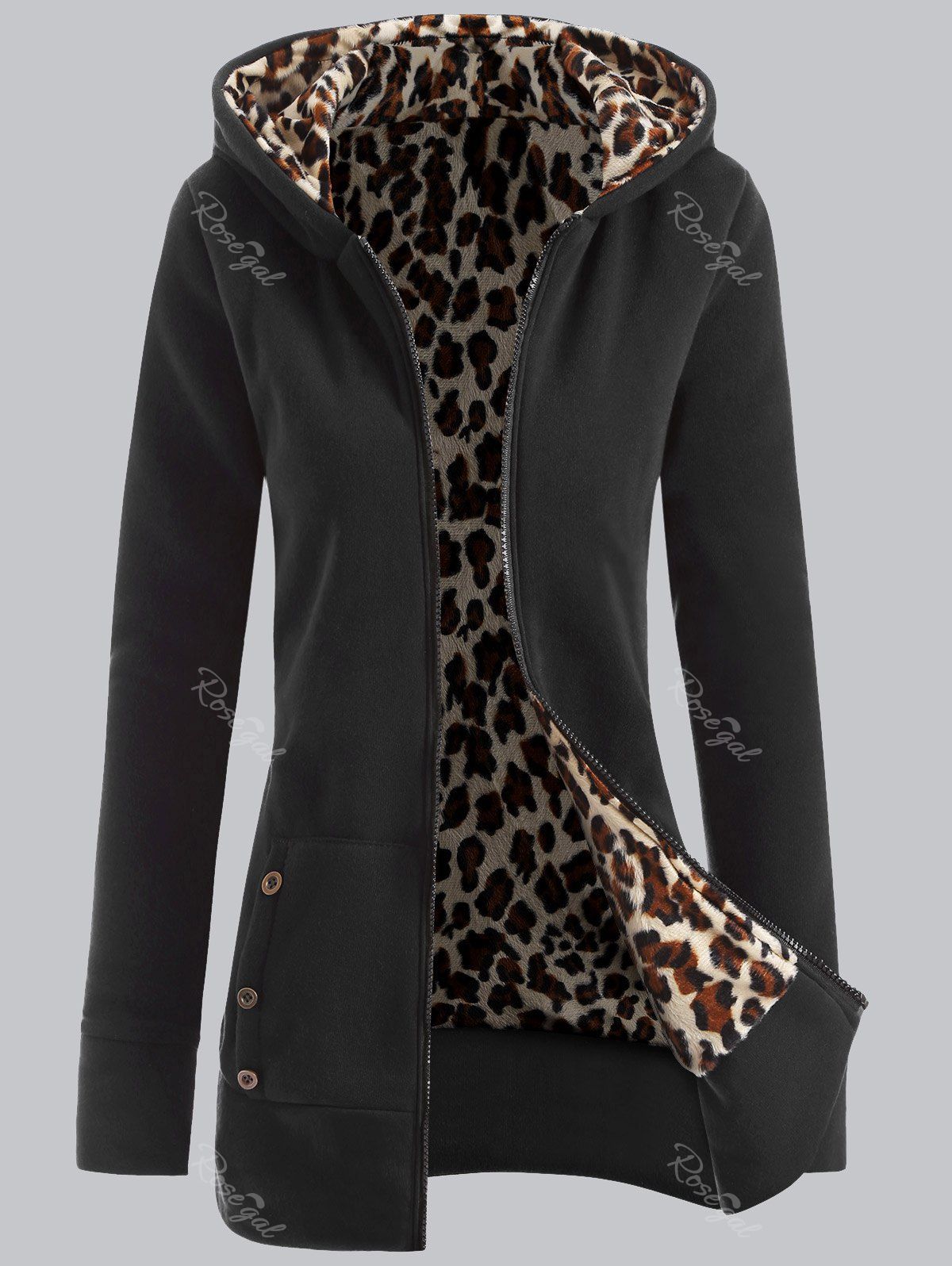 

Plus Size Leopard Pattern Fur-Lined Coat, Black grey