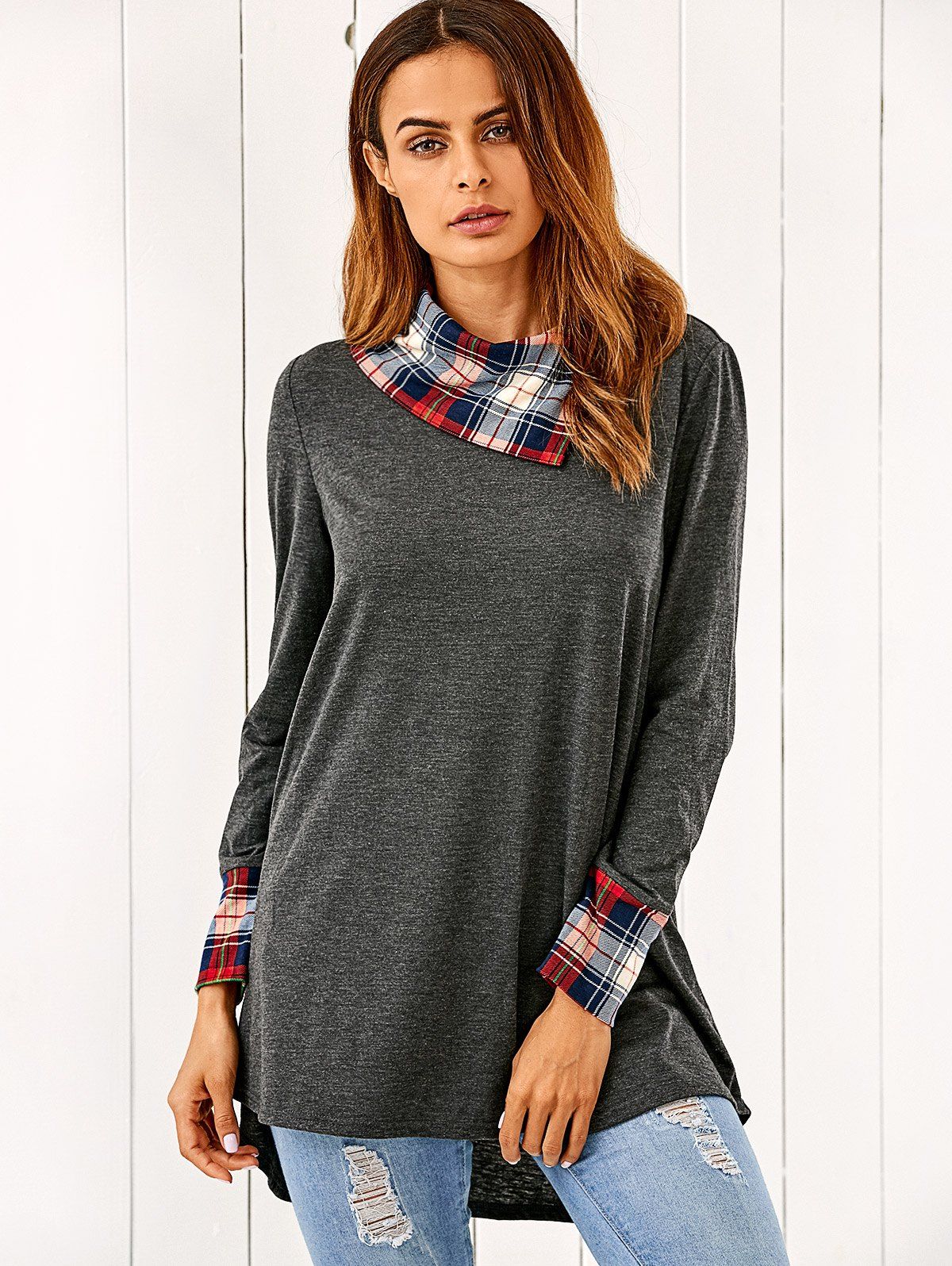 

Side Collar Plaid Trim Blouse, Black grey