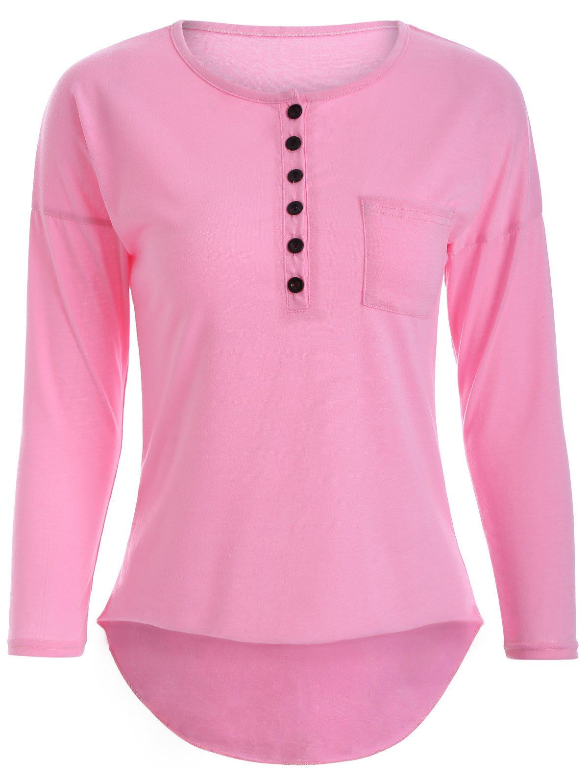

Buttoned Long Sleeve Asymmetric Tee, Pink