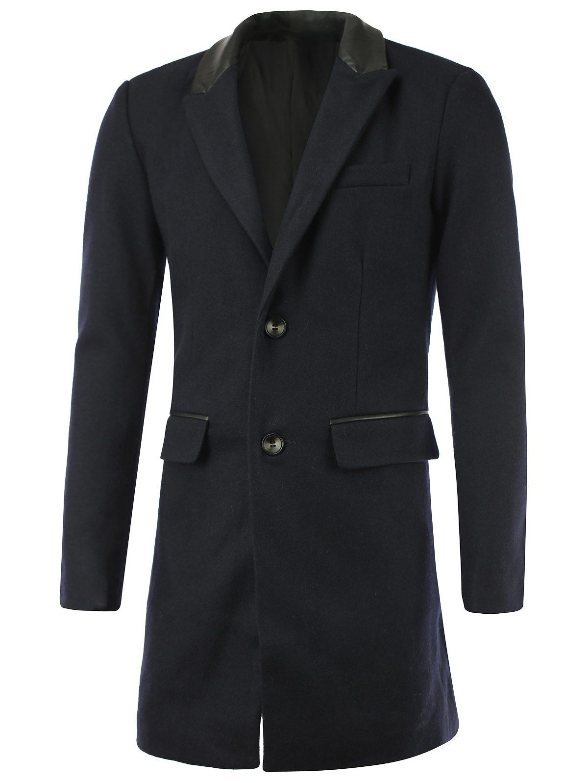 

Faux Leather Splicing Lapel Single-Breasted Wool Coat, Cadetblue