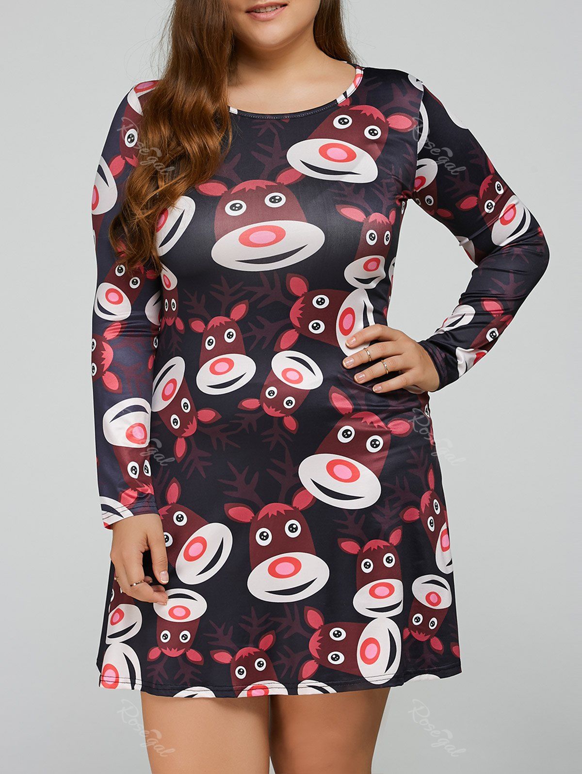 

Cartoon Elk Print Long Sleeves Dress, Colormix