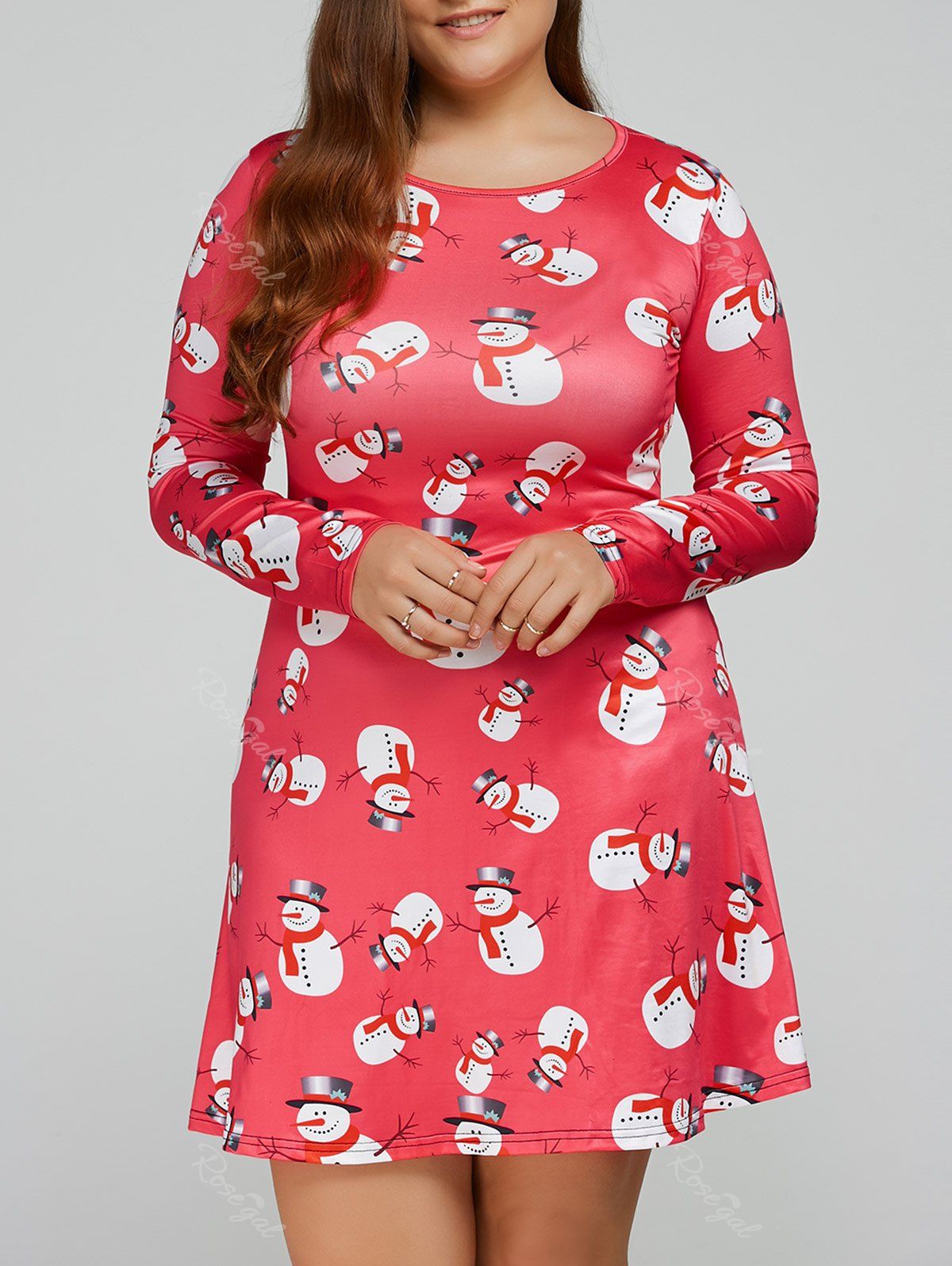 

Christmas Snowman Print Long Sleeves Ugly Swing Dress, Watermelon red
