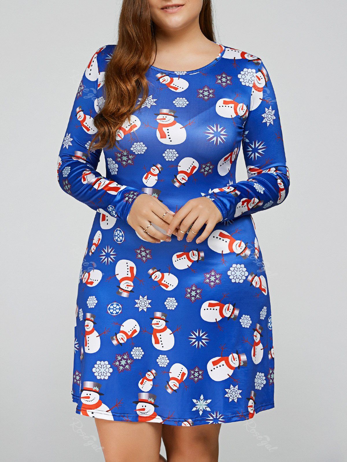 

Christmas Snowman Print Long Sleeves Ugly Swing Dress, Blue