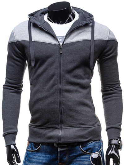 

Color Block Splicing Design Hooded Long Sleeve Zip-Up Hoodie, Deep gray