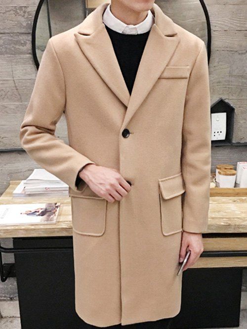 

Lapel Flap Pocket Wool Blend Wind Coat, Khaki