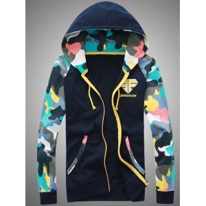 

Camouflage Splicing Embroidered Hooded Zip-Up Hoodie, Cadetblue