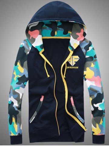 rosegal Camouflage Splicing Embroidered Hooded Zip-Up Hoodie