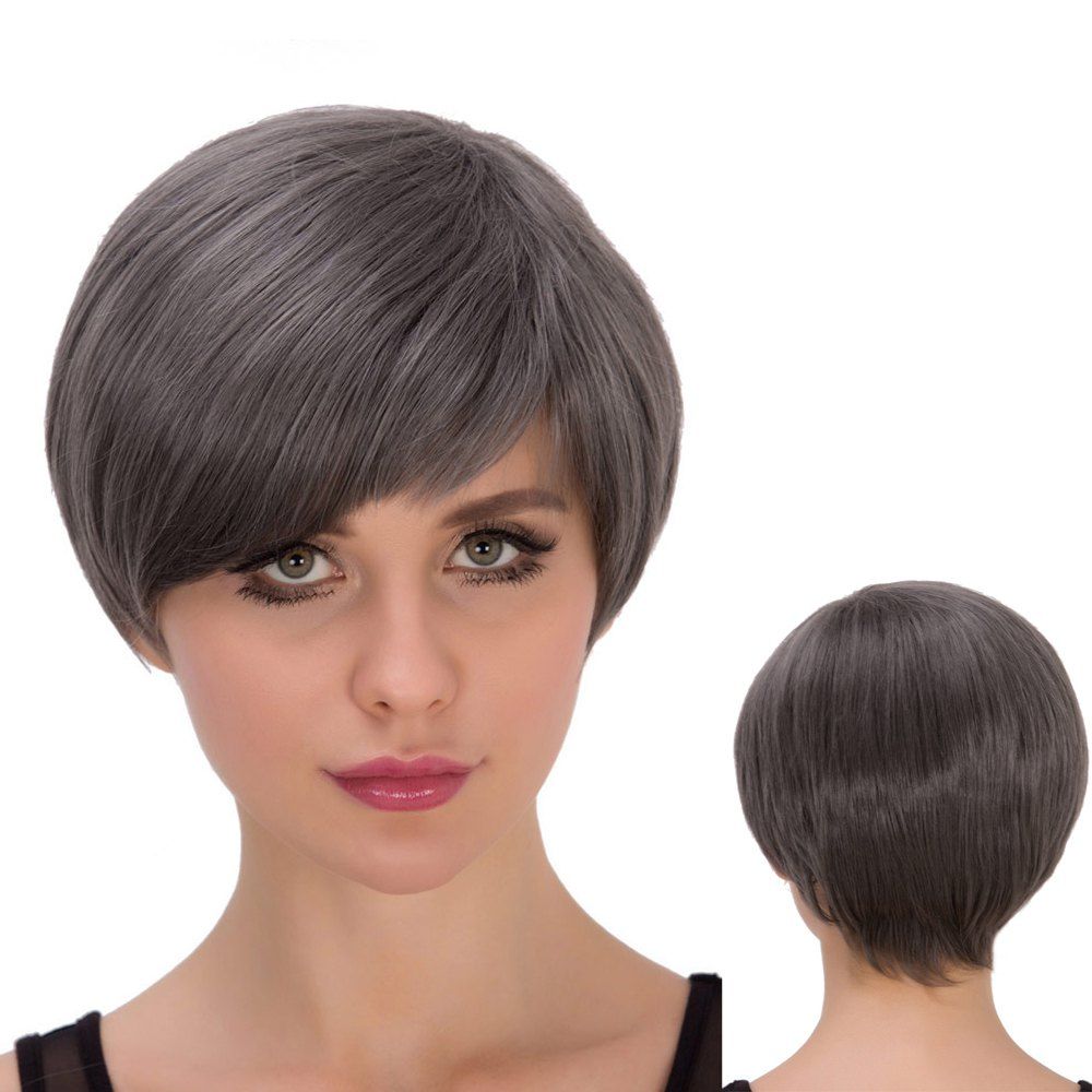 

Spiffy Short Side Bang Straight Heat Resistant Fiber Wig, Deep gray